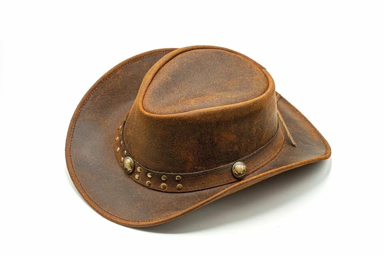 Men and Women Brown Genuine Leather Cowboy Western Hat