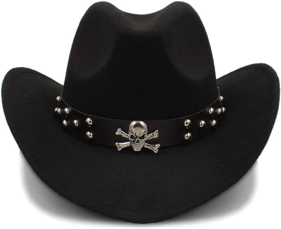 Black Western Skull Cowboy, Cowgirl Hat, Skull Strap, Men Women Retro Wide Brim