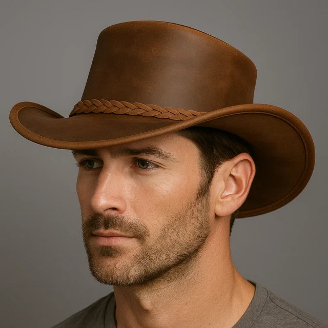Western Leather Cowboy Hat | Western Outback Style Hats | Mens Brown Cowboy Hat