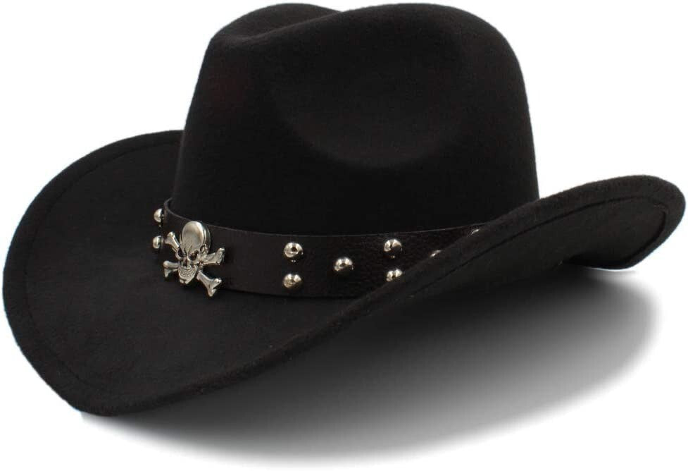 Black Western Skull Cowboy, Cowgirl Hat, Skull Strap, Men Women Retro Wide Brim