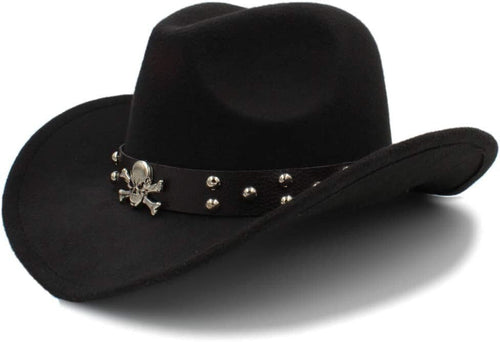 Black Western Skull Cowboy, Cowgirl Hat, Skull Strap, Men Women Retro Wide Brim