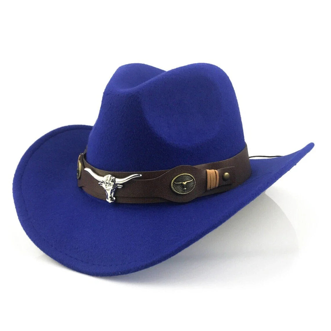 Blue Western Cowboy, Cowgirl Hat, Bull Horns Strap, Men Women Retro Wide Brim