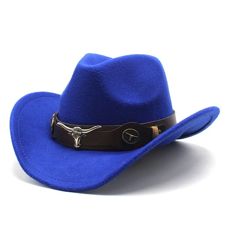 Blue Western Cowboy, Cowgirl Hat, Bull Horns Strap, Men Women Retro Wide Brim