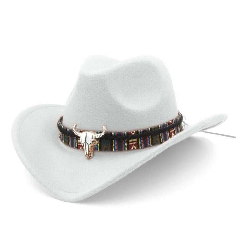 White Western Cowboy, Cowgirl Hat, Multicolor Bull Strap, Men Women, One Size